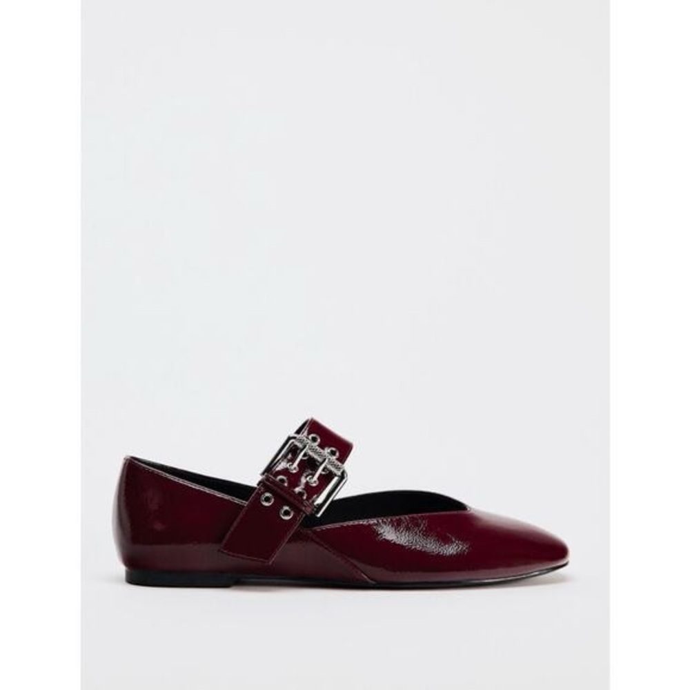 NWOT Zara Patent Mary Jane Flats with Buckle Strap in Burgundy